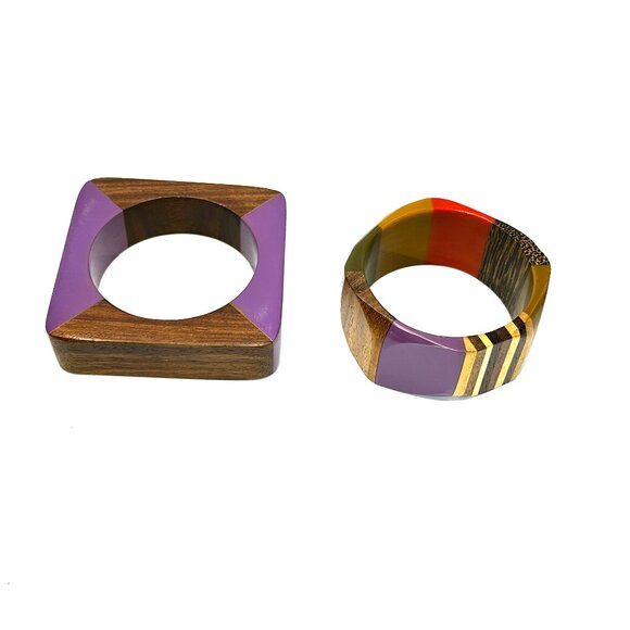 Vintage 1970s Lucite & Wood Bangles — Handcrafted Geometric Bracelets — EUC - Picture 15 of 16